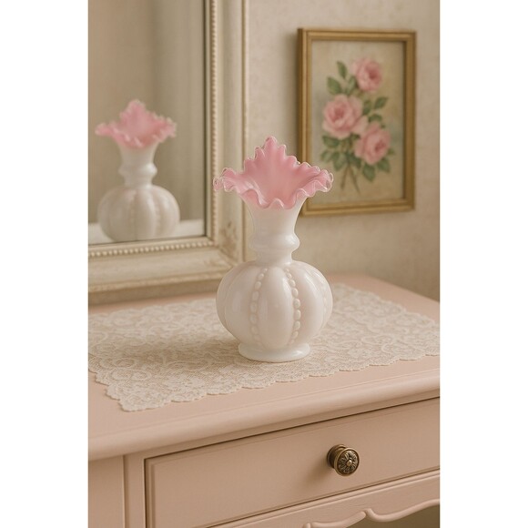 VTG Fenton Peach Crest Jack-in-the-Pulpit Vase Beaded w/Melon Base 1940s–60s USA - Picture 2 of 12